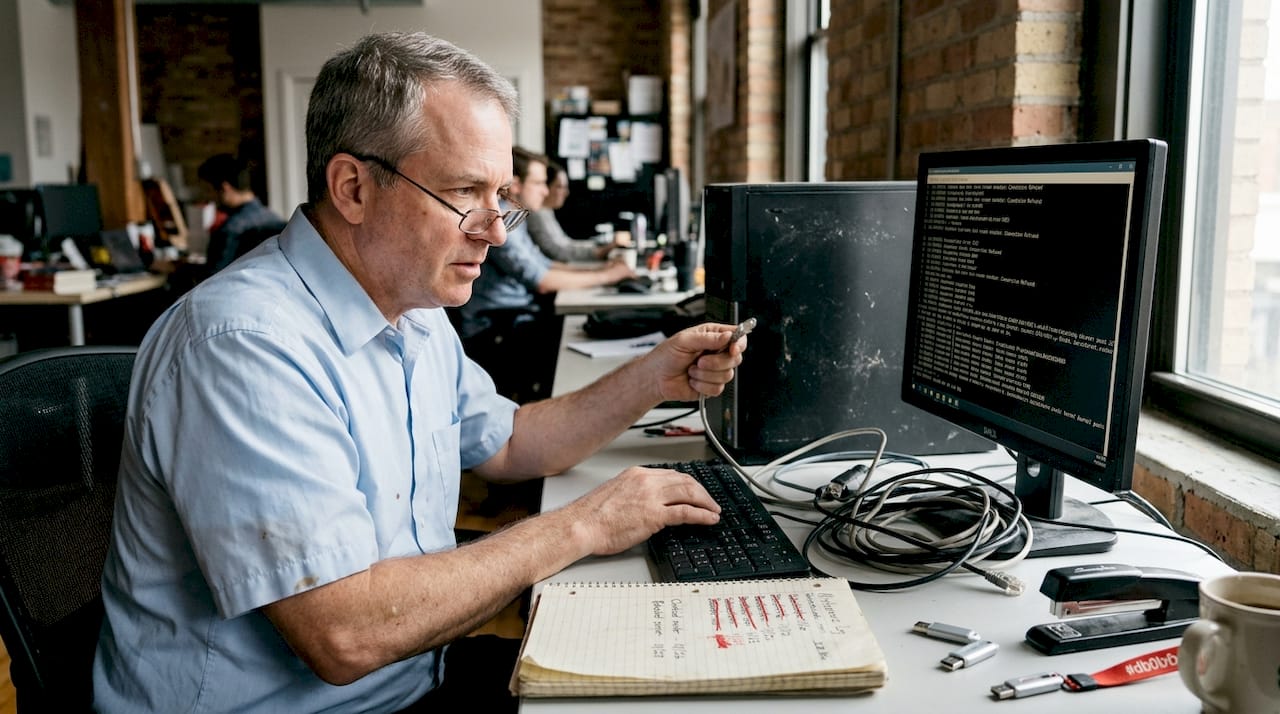 Office worker fixing technical operational issue